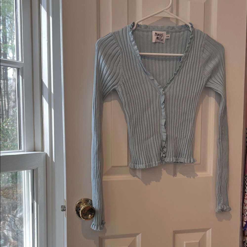 Princess Polly Light Blue Ribbed Ruffle Trim Cardigan - Picture 6 of 9